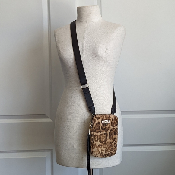 Aimee Kestenberg Phone Crossbody Leather Calf Hair Leopard Print Brown Black NWT - Picture 2 of 16